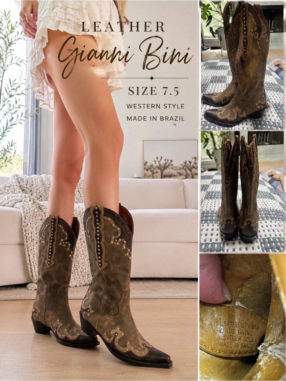 Gianni Bini Leather Western Cowboy Boots Women’s 7.5 Studded Pointed Toe Y2K